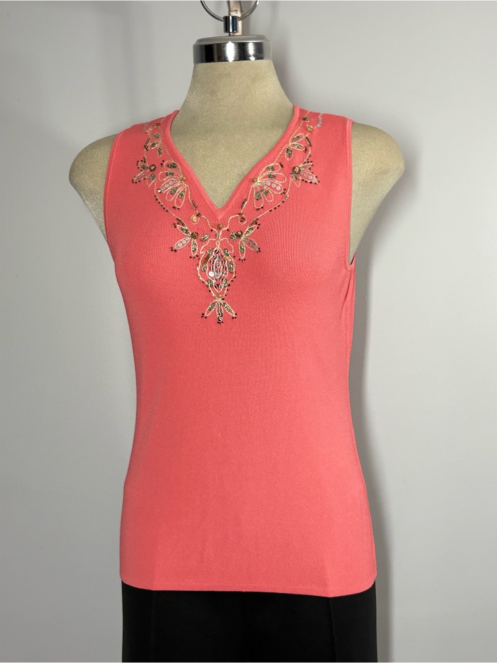 Valentino Coral Beaded V-Neck Sleeveless Tank